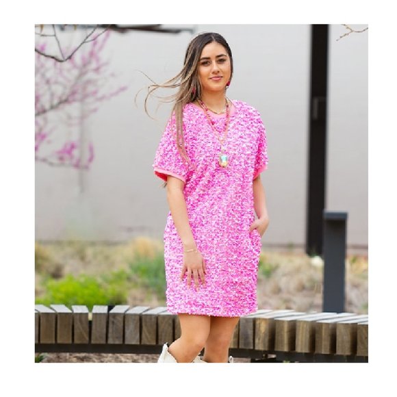 Pink Sequin Dress with Pockets Round Neck Short Sleeves Mini Dress - Picture 4 of 4